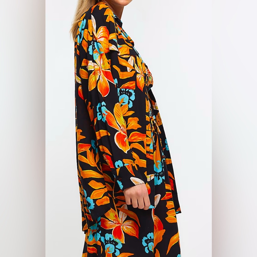 RIVER ISLAND Black Tropical Oversized Top and Mini Skirt Set - Picture 2 of 15